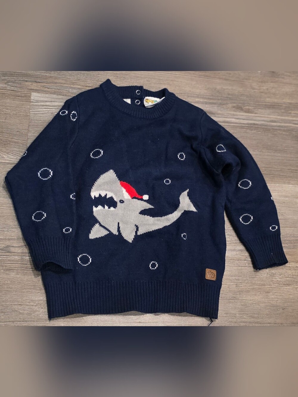Tipsy Elves Navy Crewneck Sweater with Gray Shark and Red Santa Hat